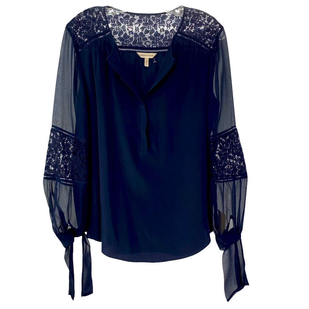 Rebecca Taylor Navy Lace-Inset Sheer Sleeve Blouse